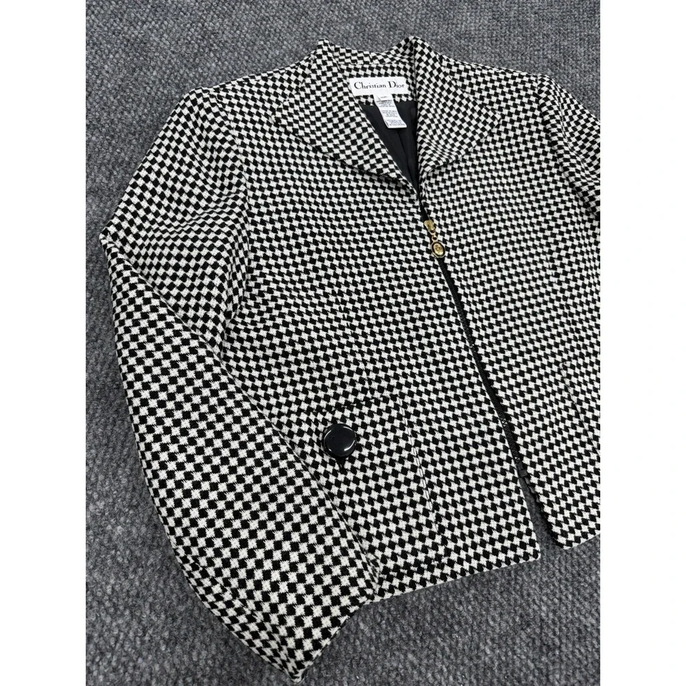 Vintage Christian Dior Women's 10P Crop Full Zip Houndstooth Jacket Blazer USA